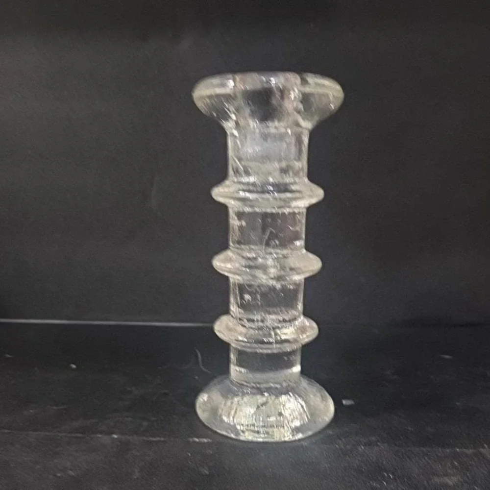 Pukeberg Sweden Three-Ring Pressed Glass Candlestick, Scandinavian Candle Holder